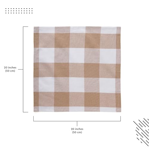 Image of Encasa XO Dining Table Napkins Set of 6, 50x50 cm | Machine Washable Reusable, Recycled Cotton Cloth Napkin, Soft & Absorbent, Table Decor for Hotels, Farmhouse - White & Buffalo Beige Checks