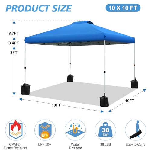 WEIZE Pop up Canopy Tent 10x10ft, 1-Button Push Setup, Instant Portable Shelter, Adjustable Height, Portable Roller Bag, 4 Weight Bags, Guy Ropes & Stakes Included Blue
