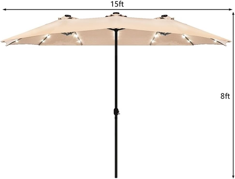 Pemberly Row 15FT Twin Patio Double-Sided Umbrella, Beige Polyester, 48 Solar LED Lights, Steel Frame, Hand-Crank Opening, Durable Outdoor Shade for Patio, Backyard or Garden Use