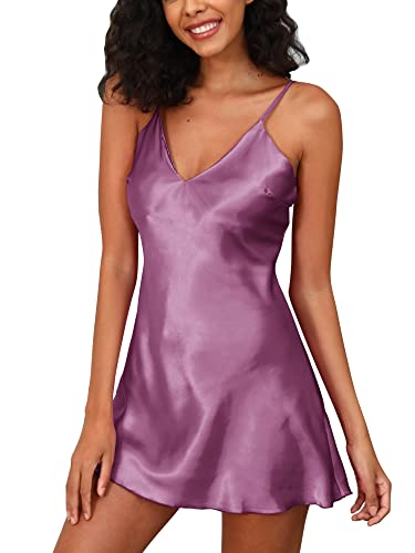 Girlpal Camisones Sexy Mujer de Satén Camisón Mujer Corto Camisola Mujer Dormir Satín Ropa de Dormir Violeta S Cover