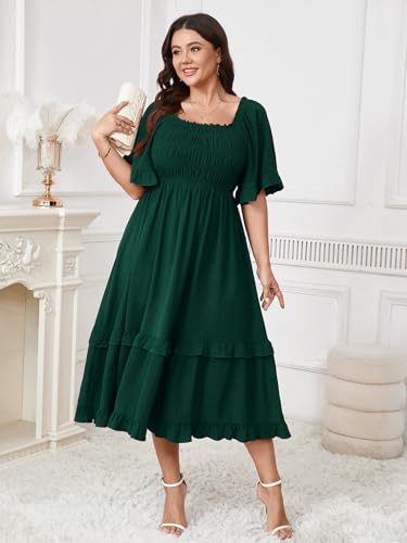 Image of SCOMCHIC Women's Plus Size Maxi Dresses Summer Short Sleeve Square Neck Smocked Wedding Guest Cocktail Boho Long Dress