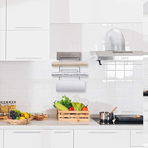 Kitchen Roll Holder - (H32 x W7.8 x D23cm) 3 in 1 Self Adhesive Wall Mount Storage Rack for Kitchen - Cling Film Wrap - No Drilling and Screws - Easy to Fix Bathroom Tissue Roll Hanger with Shelf