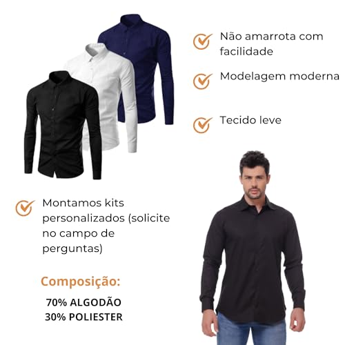 Kit 3 Camisa Social Masculina Slim Fit Premium Pronta Entreg (BR, Alfa, M, Slim, Sortido)