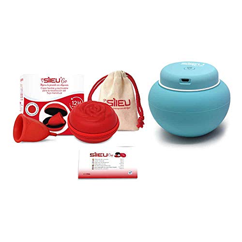 Sileu Travel Plus - Copa menstrual Sileu Rose, Talla S, Rojo, Flexibilidad Standard + Estuche en forma de flor Rojo, 8 cm + Esterilizador eléctrico recargable USB para copas menstruales, Azul Cover