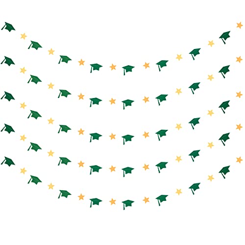 5Pcs Graduation Cap Garland Banner Green and Gold Graduation Hat Banner Decorations for 2026 Graduation Party Decorations Green and Gold