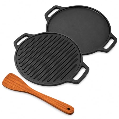 Image of Solimo Cast Iron dosa tawa Pre-Seasoned Cast Iron Dosa Tawa 30 cm | Heavy Roti /Chapati Tawa for Gas & Induction | Chemical-Free, Naturally Non-Stick Pan with Wooden Spatula (2-in-1 Flat & Grill Tawa)