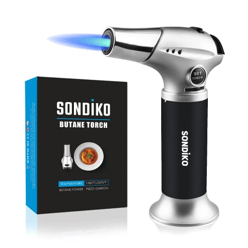 Sondiko Butane torch, Professional kitchen torch with Safety Lock Adjustable Flame Refillable Torch Lighter for Desserts, Food Melting,Cooking, BBQ and Baking(Butane Gas Not Included)