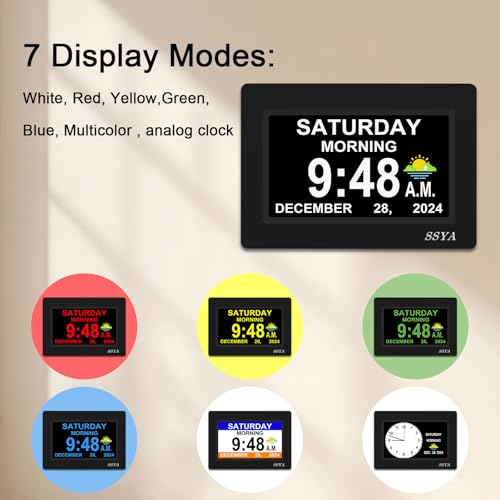 image for SSYA 7 Inch Calendar Clock - 12 Alarm Options, Level 5 Auto Dimmable D