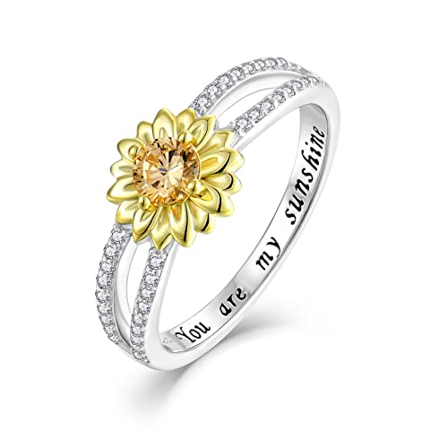 Sunflower Ring for Women Sterling Silver Cubic Zirconial Sterling Silver You are My Sunshine Band Rings for Women