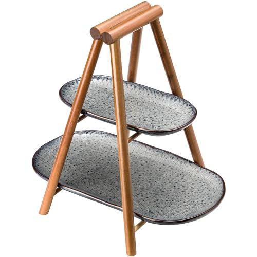 Leonardo Matera Etagere - Kleine Etagere 2 stöckig aus Keramik und Holz - Eckiger Teller zum Anrichten von Apero, Snacks, Käse etc...