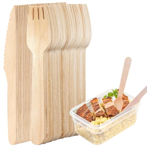 Holzbesteck, 200 Stück Einwegbesteck Set, 100 Stück Holzmesser, 100 Stück Holzgabeln, 100% Birkenholz Kompostierbares Holzbesteck für Party Geburtstag Camping und Picknic 16 cm