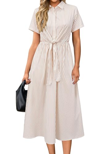 Image of Newshows Women's Work Business Casual Outfits Tie Waist Midi Shirt Dress | Lightweight & Breathable Easy-care Fabric, Side Pockets, Decent Professional Attire, Church Office Funeral Outfits