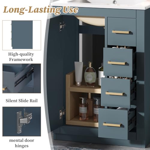 Image of 24 Inch Bathroom Vanity with Ceramic Sink, Cabinet and 3 Drawers, Modern Freestanding Vanity for Small Bathroom (Blue)