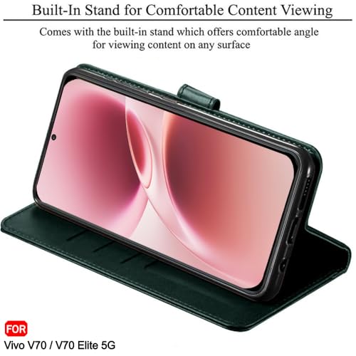 Image of TheGiftKart Genuine Leather Finish Flip Back Cover Case for Vivo V70 5G / V70 Elite 5G | Inbuilt Pockets & Stand | Wallet Style | Designer Button Magnet Flip Back Cover Case (Faux Leather, Green)