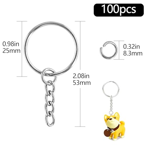 AMSGANK 100 Pièces Anneau Porte Clé, 25mm Attache Porte-clés avec Chaîne Chainette Keychain Accessoires de Keychain en Métal pour DIY Bricolage Bijoux Support Porte Clé Sacs Décor (Argent) – vue 2