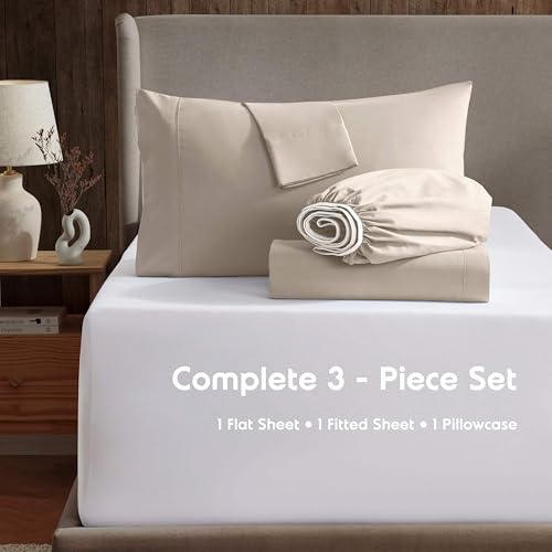 Image of Nestl Twin Bed Sheet Set - Beige Cream - 3-Piece Deep Pocket | Instantly Soft, Night-One Ready (No Wash Required). Fits 16-Inch Deep Pockets, 360-Degree Elastic Grip