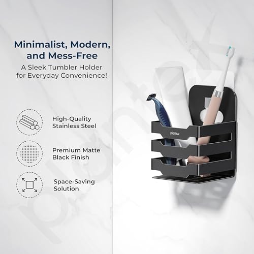 Image of Plantex Self Adhesive Tumbler Holder for Barthroom /Stainless Steel Toothbrush Holder /Toothpaste Stand /Bathroom Accessories - Pack of 1 (1252, Black)