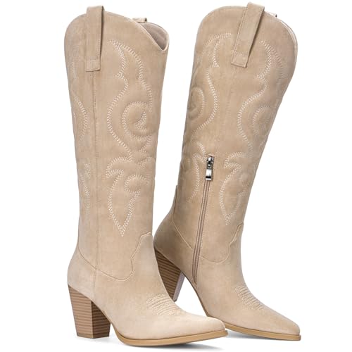 Pasuot Suede Cowboy Boots for Women - Western Knee High Cowgirl Boots with Side Zipper, Retro Pointed Toe Tall Block Heel Pull On Long Boot Fall Winter Concert Rodeo Festival Daily Beige Size 10 angle 5