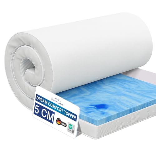 MKS Dream Komfort H3/H4 120 x 200, 5 cm de espuma viscoelástica y gel Topper, cubrecolchón ergonómico de espuma de gel para tumbarse sin presión, clima fresco para dormir y la mejor comodidad