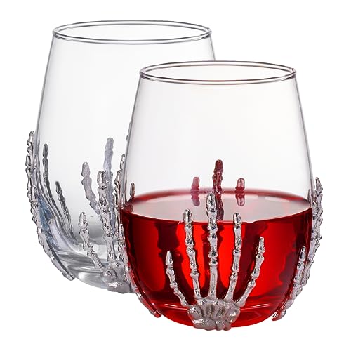 Halloween Stemless Skeleton Wine Glasses Set of 2 17oz 5 Inch Tall Gothic Drinking Cups for Skeleton Gifts Spooky Décor Graveyard Themed Parties Seasonal Entertaining and Unique Wine Gift Sets