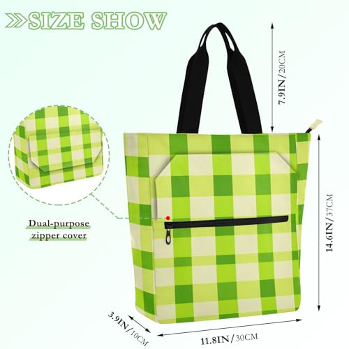 Chartreuse Gingham Tote Bag for Book Lovers Reusable Bags with Zipper Pocket for School Work Shopping2