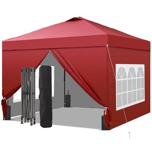 GDYEVO 10x10 Pop Easy Set Up Camping Canopy, Outdoor Tent with 4 Piece Sidewalls, Easy Up Canopy for Events, Parties, Gatherings, Camping, Red.