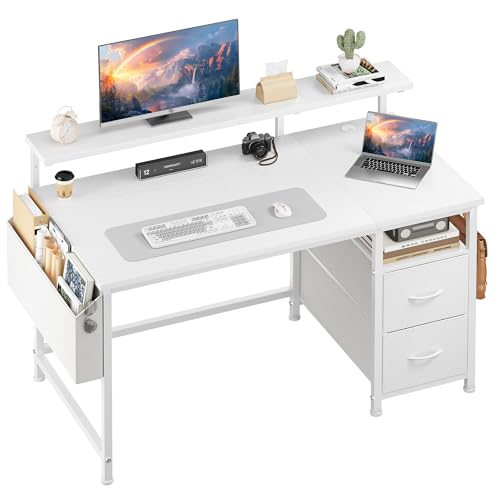 Klyvvo Schreibtisch mit 2 Schubladen Bieten Stauraum, 100x48 Schreibtisch mit Monitorständer, 2 Ablagehaken, Kabelführungsfach, Kompakte Maße Passen Gut in Studierende, Home-Office-Arbeiter, Weiß