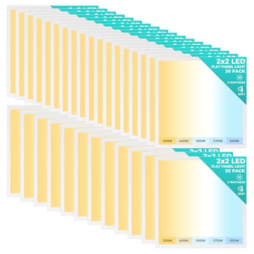30 Pack 2x2 LED Flat Panel Light, Dimmable Lay-in Recessed for Drop Ceiling Grids, 6500LM, 30-50W Selectable, 5 CCT (3000K-6500K)