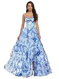 BITYIO Tiered Floral Prom Dresses for Women 2026 Chiffon Corset Back Long Evening Party Gowns A-Line Sweetheart Ball Gown Blue