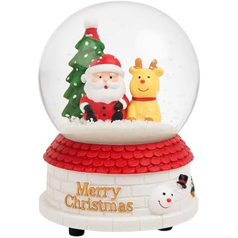 80mm Musical Christmas Snow Globe - Battery Operated, Santa & Reindeer Scene Cover