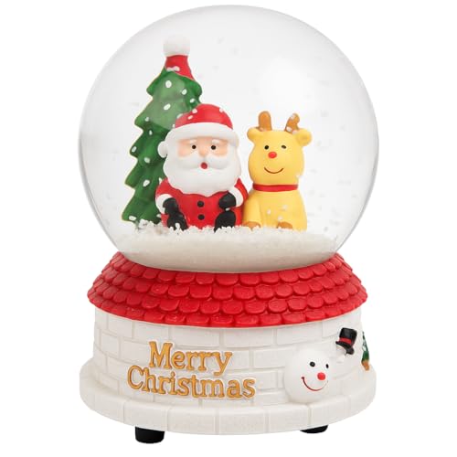 Image of 80mm Musical Christmas Snow Globe – Battery Operated, Santa & Reindeer Scene with Tree – Festive Decorative Ornament for Home, Mantel, Tabletop Display