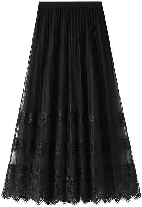 Sigdio Women Midi Skirt Elastic High Waist Lace Tulle Skirt Pleated Skirt