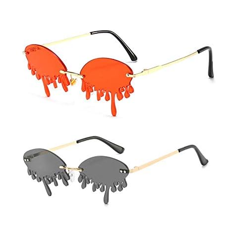 2PC Tear Dripping shaped Flame Sunglasses Women/Men Narrow Design Rimless Colorful glasses for party Trending Streetwear eyewear Cover
