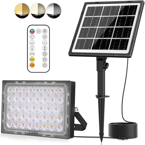 Linke Solar Flood Lights Outdoor, 2700K/4000K/6000K Solar Lights Outdoor Garden, 3 Brightness & 3 Lighting Modes & Remote, IP66 Waterproof Solar Security Lights for Wall Yard Shed Garage