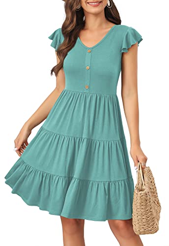 Image of Lamilus Summer Dresses for Women 2026 Ruffle Sleeve V Neck Non-See Through Tiered Babydoll Mini Dress Graduation Beach