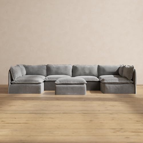 Anabei Modular Washable 6-Seater Open-Ends U-Sectional + Ottoman in Ash | Deluxe+ Seat | Cloud Pillow