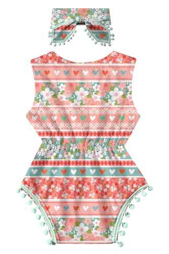 Leapparel Baby Girls Rompers Floral Infant Girl Clothes Color One-Piece Newborn Baby Bodysuit with Headband Floral Outfit Set Summer Sleeveless Playsuit,18-24 Months (Size 110) - Thumbnail 2