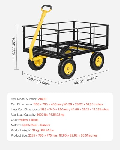 Image of VEVOR Steel Garden Cart, 1400 lbs Heavy Duty Pullable Garden Wagon Yard Cart, 2 in 1 Outdoor Metal Utility Wagon Yard Trailer with 13 inch All Terrain Tires, Mesh Detachable Sides and 180 Rotating Handle