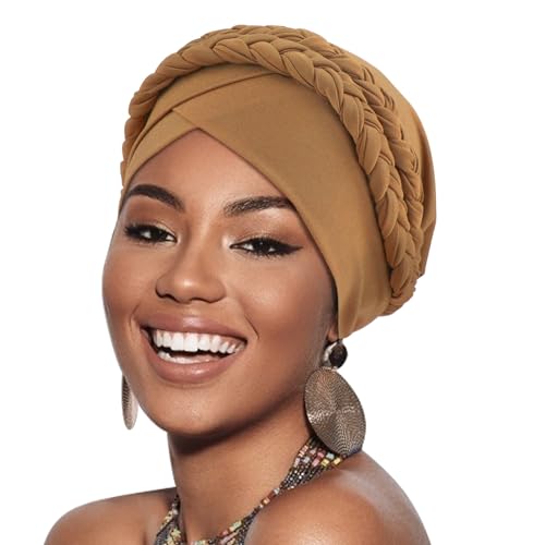 Image of DRESHOW African Women Turban Caps Beanie Twist Headscarf Pre-Tied Double Twisted Braid Hair Cover Wrap Hat Chemo Cancer Cap