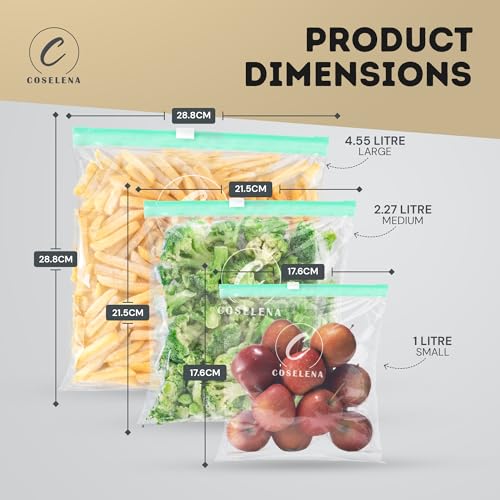 Coselena 40 PCS Freezer Bags - Zip Lock Bags One Gallon (4.55L) - Airtight Slider Reusable Freezer Bag, Durable & Leak-Proof Zip Lock Food Storage, Large Ziplock w/Expandable Bottom