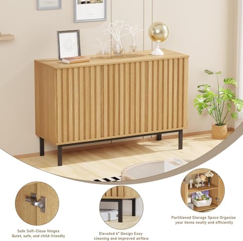 Image of Garvee 47.2 Inch Sideboard Buffet Cabinet with Fluted Doors, Modern Wood Storage Cabinet with Adjustable Shelf, Freestanding Coffee Bar for Dining Room Living Room