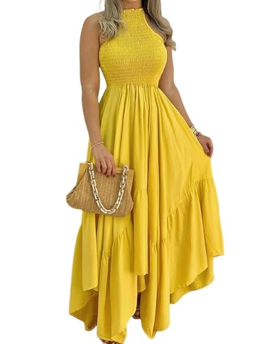 Women's Summer Floral Sun Dress Shirred Frill Hem Halter Neck Str...