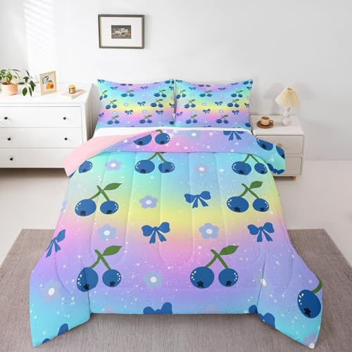 feelingyou Blueberry – Parure de lit romantique scintillante tie-dye pour enfants, décoration de chambre de filles et femmes, joli nœud papillon, marguerites, fruits, couette en duvet bleu, violet, 2