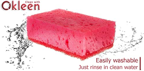 Image of Pink Multi Use Scrub Sponges. Made in Europe. 18 Pack, 4.3x2.8x1.4 inches. Odorless Heavy Duty & Non Scratch Fiber. Durable and Delicate Scrubber for Kitchen & Bathroom, Housekeeping & Outdoors