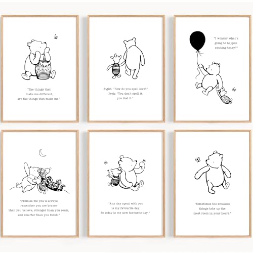CozyPrints Winnie the Pooh Wall Art Prints – Set of 6 Unframed Nursery Prints – Minimalist Baby Room Décor – Pooh & Friends Quotes, Gender Neutral Nursery Wall Decor (A4-21.0 x 29.7cm)