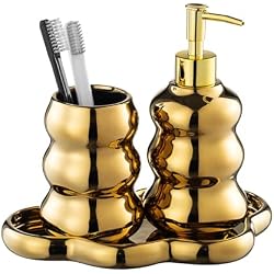 Gold Bathroom Accessory Set, 3-Piece Gold Ceramic Bath Accessories Set with Tray, Lotion Dispenser, and Tumbler for Luxurious Bathroom Decor