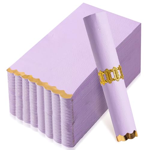 50 Pack Purple Napkins Paper Decorative Gold Foil Scalloped Edged Guest Napkins Disposable Lavender Napkins for Wedding Bridal Shower Baby Shower Tea Party & Birthday (4 x 8 In Purple)