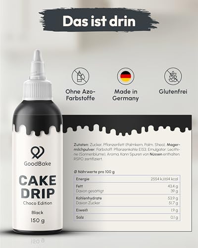 GoodBake Cake Drip Choco 150g Schwarz | Schokoglasur zum Dekorieren & Verzieren von Torten, Cup Cakes & Keksen | Kuchenglasur glutenfrei | Tortendeko Made in Germany