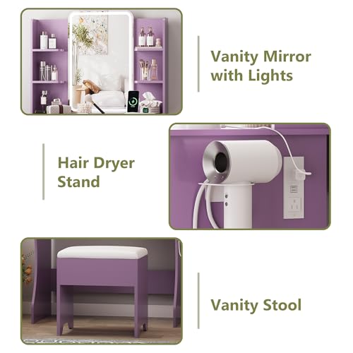 Image of Small Vanity Desk with Mirror and Lights, Makeup Vanity with LED Lights, Purple Vanity Mirror with Lighted Desk and Chair, 3 Lighting Adjustable Compact Dressing Table with Mirror for Women, Girls