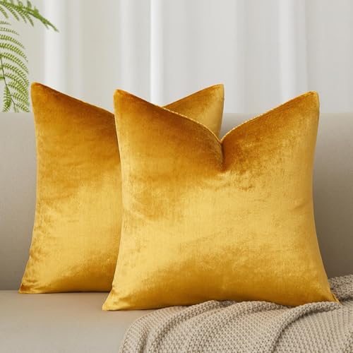 Image of JUSPURBET 24x24 Decorative Velvet Throw Pillow Covers Cases Set of 2,Golden | Cozy Soft Cushion Covers with Invisible Zipper for Couch Sofa Bed Living Room Bedroom Home Decor